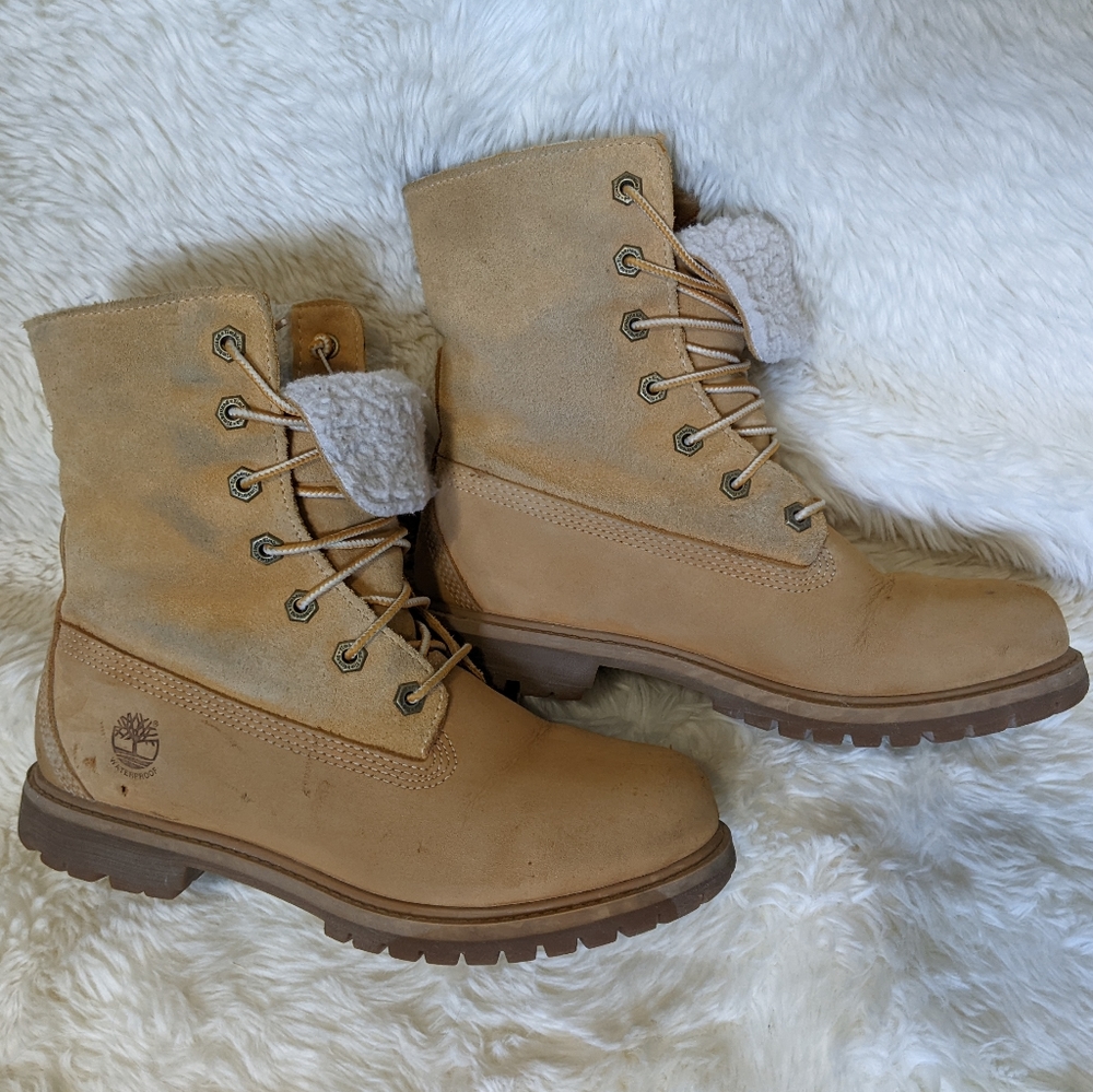 Timberland Teddy Fleece Anti fatigue Leather work hiking boots brown tan beige 7